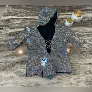 IHeartRaves hooded holographic bodysuit with low v neck and scrunch butt size XL
